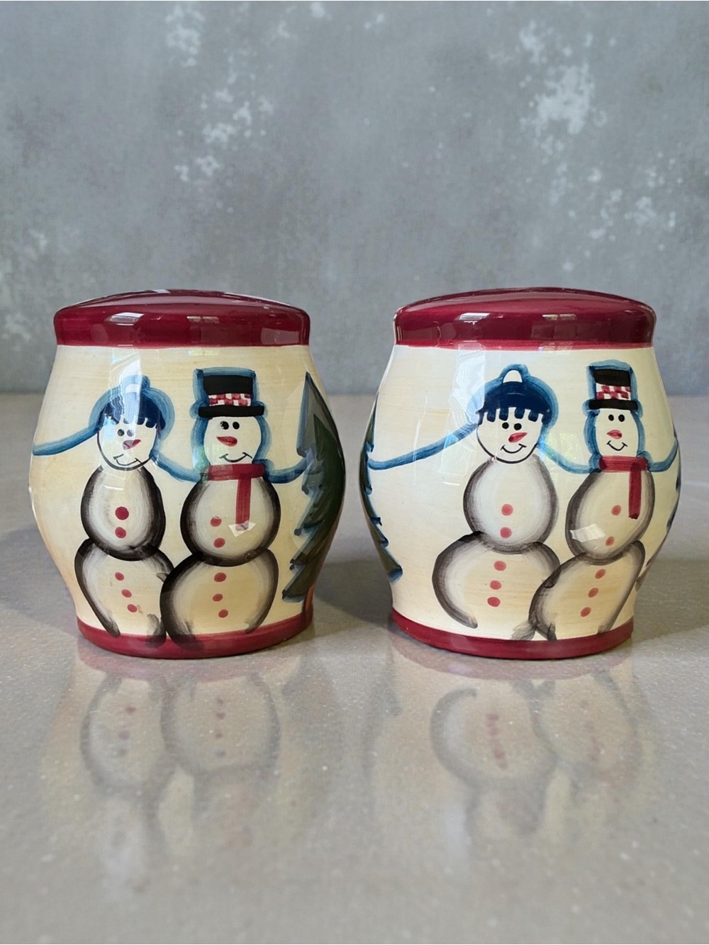 Hand-Painted Snowman Salt & Pepper Shakers - Red Trim